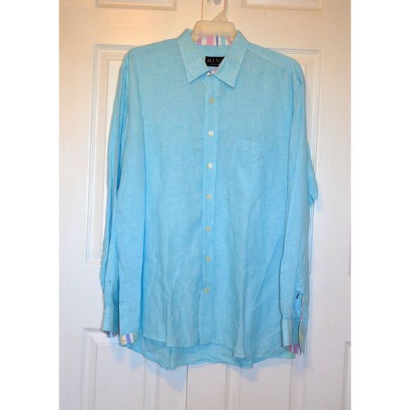 MINE Men's XL Linen‎ Shirt Long Sleeves Light Blue w/ Contrast Collar & Cuffs - Picture 1 of 14
